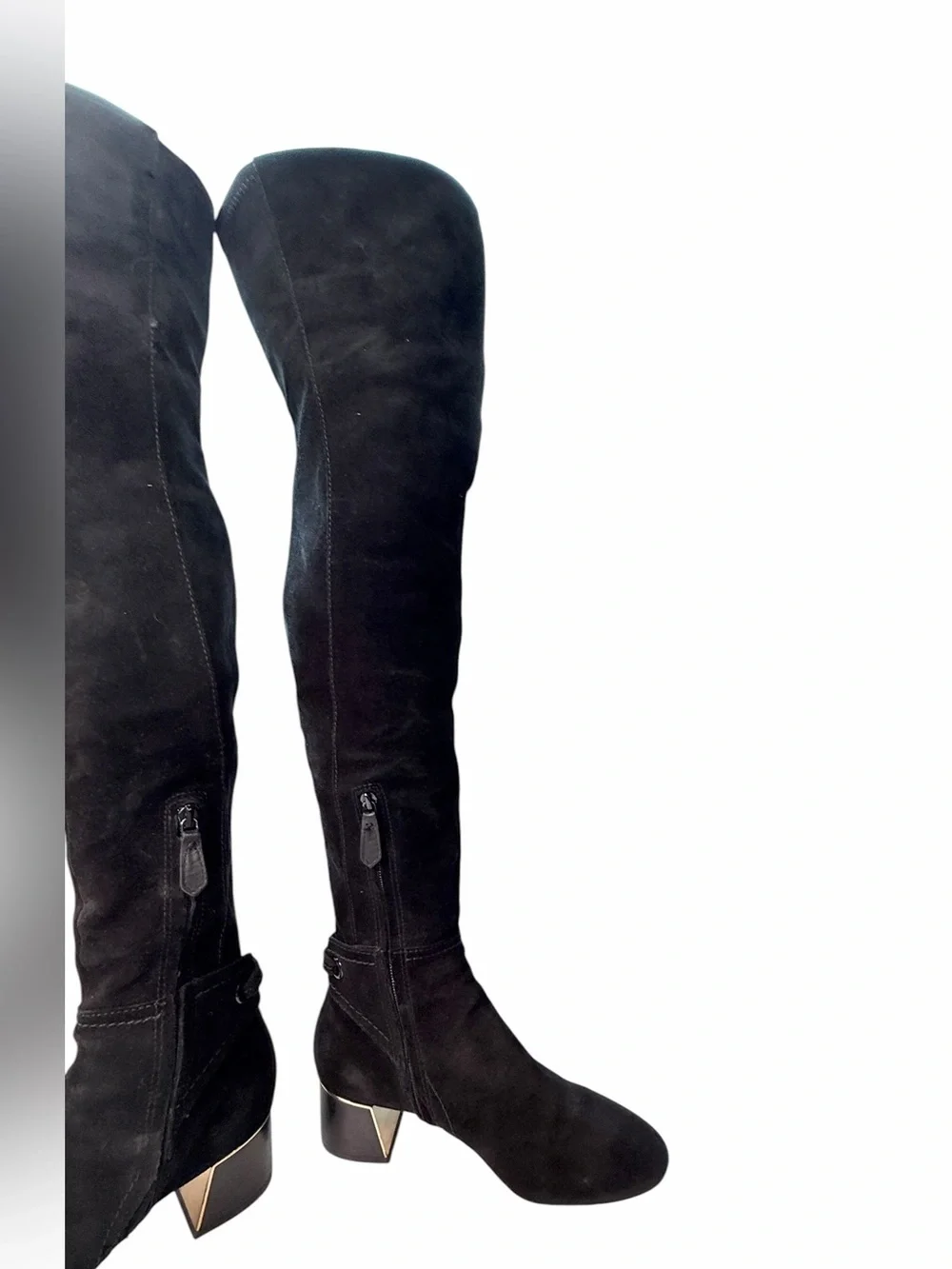 Tory Burch Black Suede leather Over The Knee Boots Gold Logo Block Heel 7.5